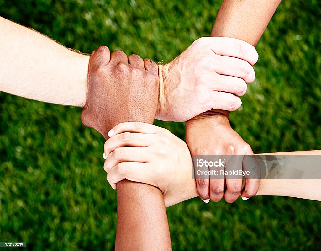 Amigos para sempre! Quatro mãos juntas em square contra fundo de relva - Foto de stock de Mãos Juntas royalty-free