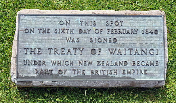 Treaty Grounds sign, Waitangi, New Zealand The sign indicating the location of the signing of the Waitangi Treaty between the British and Maori leaders. The sign is in the grounds of James Busby house at the Waitaigi Treay Grounds NZ treaty stock pictures, royalty-free photos & images