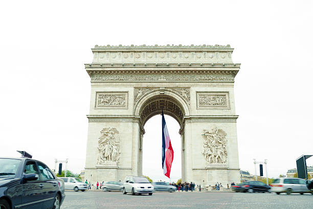 Le Triomphe de on the Arc de Triomphe de l'Étoile in Paris, France. Vintage photo half-tone etching circa mid 19th century.