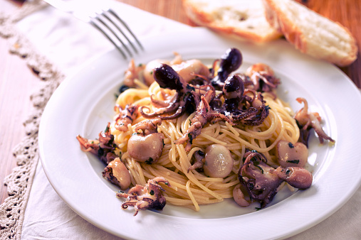Spaghetti with squid, cuttlefish, octopus