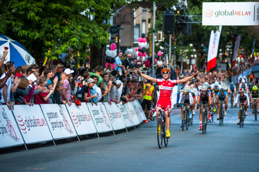 Vancouver, Canada, - July 10, 2013:  Men and women compete in the 2013 Global Relay Gastown Grand Prix cycling race. The 40th anniversary event was won by Leah Kirchmann (women) and Ken Hanson (men).