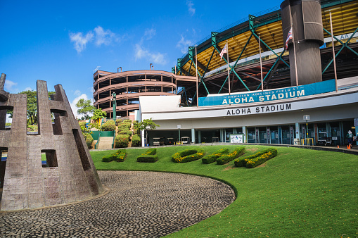 Halawa, Hawaii, USA - April 18, 2015: Main entrance to Hawaiian Airlines Field at Aloha Stadium. This stadium is located in  Halawa, Hawaii and has seating for 50, 000 spectators.  Three days a week, an extensive swap meet is held with a large array of products and Island crafts.