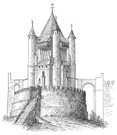 Antique engraving from a drawing by C. Fichot of the Caesar's Tower (Tour César) in Provins, France.