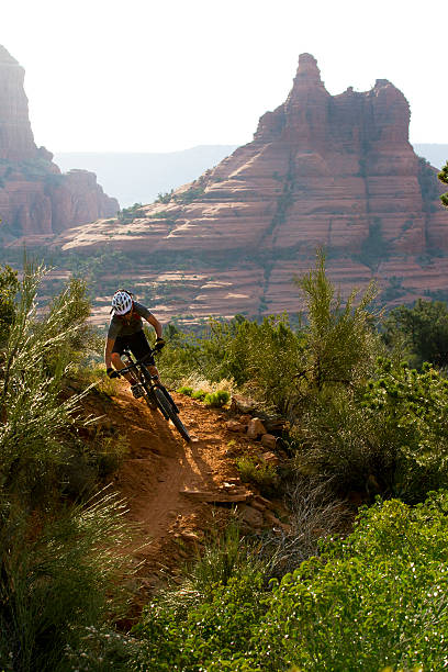 istock Mountain biker riding through rough ground with mountains 472155145