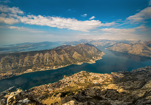 Landscape of Bay of Kotor. The Old town of Kotor, and places of Kotor Riviera, Tivat and Herceg Novi Municipalities and very entrance to the bay visible. 