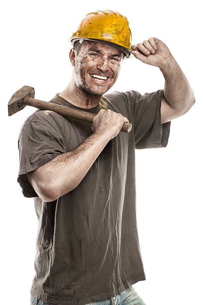istock Young dirty Worker Man With Hard Hat helmet 472159664