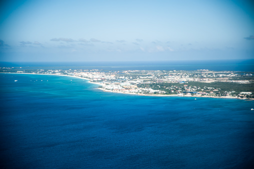 Aerial view of hotels along the coast of the Cayman Islands.  RM