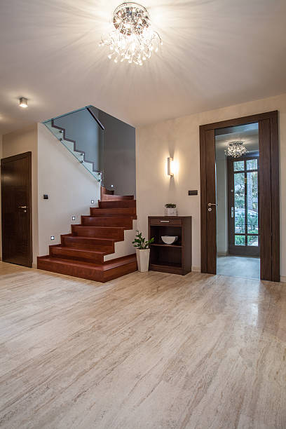 Travertine house: staircase Travertine house: wooden stairs and glass entrance travertine pool photos stock pictures, royalty-free photos & images