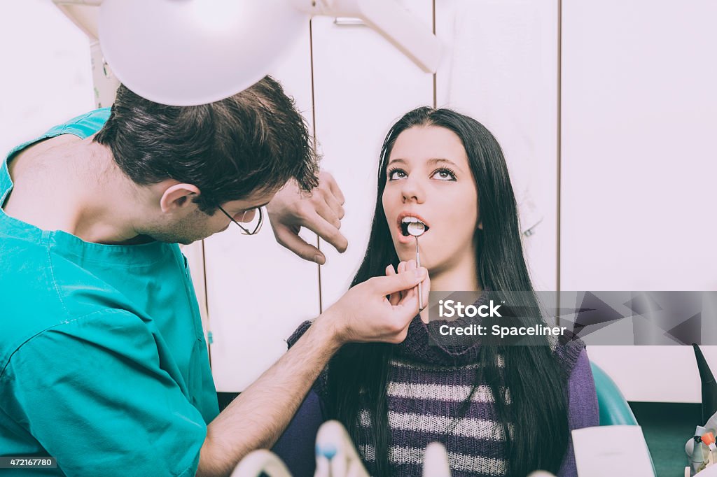 Dental Exam at Dentist's Office - Retro Style Dentist checking teeth of a female patient with angled mirror. Focus on patient who is sitting on chair and having mouth open wide. Front view of patient and side view of a dentist in action. Retro style photo edited with VSCO film filter 2015 Stock Photo