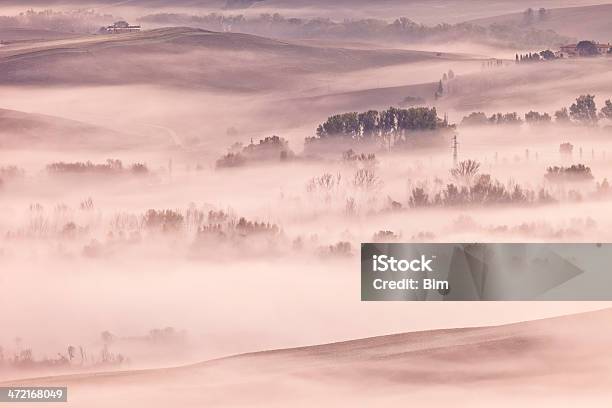 Niebla De La Mañana Temprana Frente Al Paisaje Ondulado Toscana Italia Foto de stock y más banco de imágenes de Agricultura