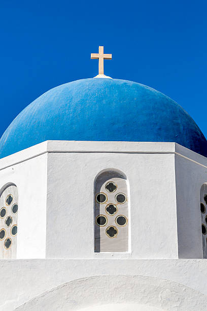 istock Chapel on Santorini Island, blue dome, Greece 472168565