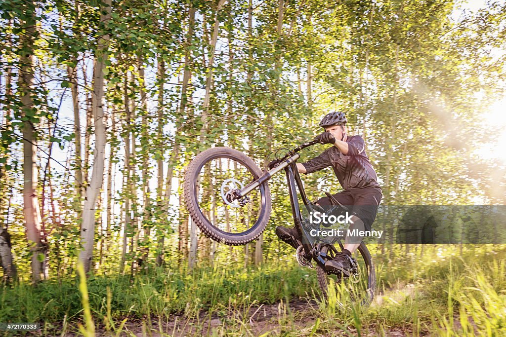 Downhill Andar de Bicicleta de montanha na floresta de Sol - Royalty-free 30-39 Anos Foto de stock