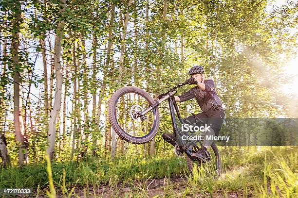 Downhill Andar De Bicicleta De Montanha Na Floresta De Sol - Fotografias de stock e mais imagens de 30-39 Anos