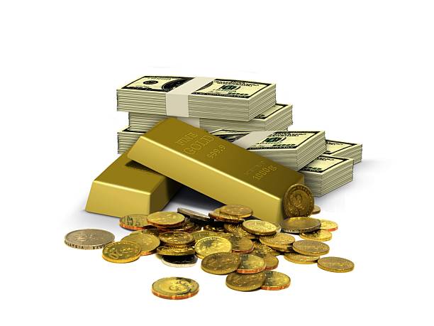 istock Gold Bar with Currency Notes and Coins 472174435