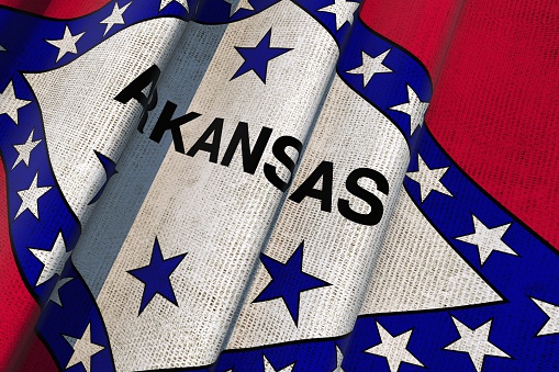 Arkansas State Flag. Waving 3D Render Canvas Arkansas Flag.