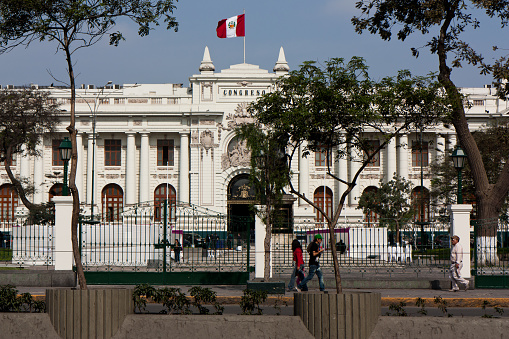 Lima, Peru – September 18, 2012: Peruvians in front of the Congress Palace of the Republic of Peru in Lima, Peru. 