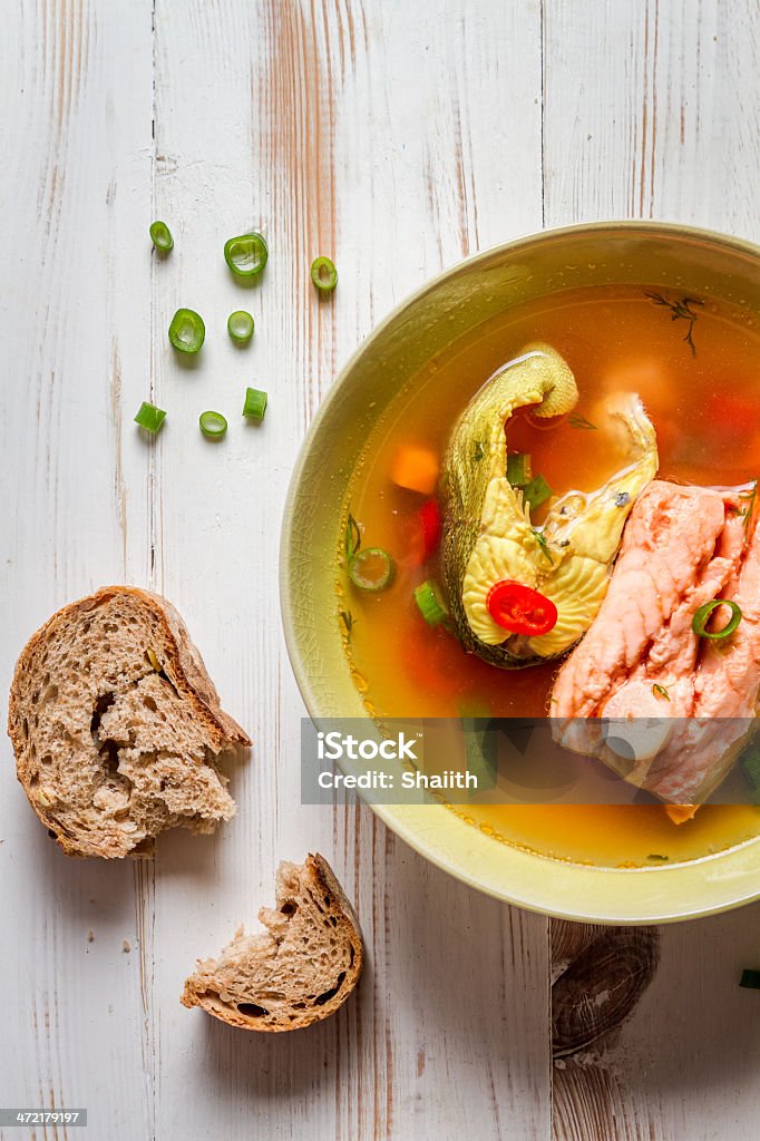 Closeup of salmon soup with chive Closeup of salmon soup with chive. Agriculture Stock Photo