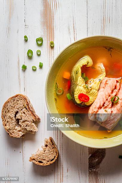 Closeup Of Salmon Soup With Chive Stock Photo - Download Image Now - Agriculture, Boiled, Chili Pepper