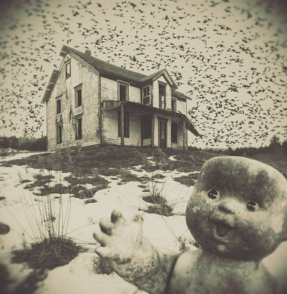 A doll motions to venture towards a home surrounded by birds.  Composite image.