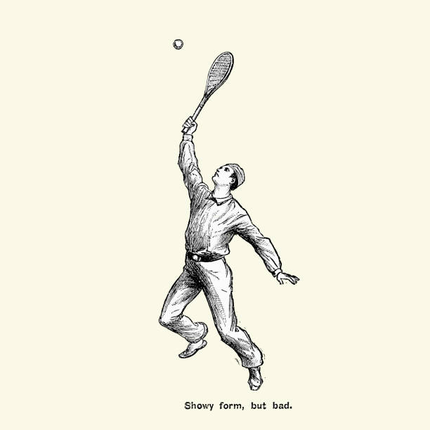 Victorian Tennis Player - Showy form, but bad Vintage engraving of a victorian man playing a game of tennis. 1881 tennis outfit stock illustrations