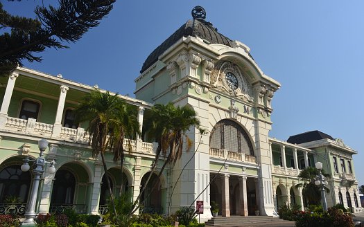 View of CFM (Caminho de Ferro de Mocambique) Railway Station in Maputo, capital of Mozambique. This Victorian style building was designed by Gustave Eiffel. In 1910 he used wrought iron for the roof dome and marble for the outside pillars and arches. 