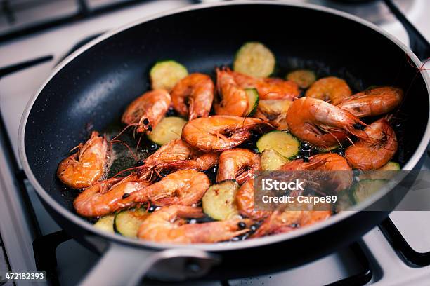 Shrimp And Zucchini In Cooking Stock Photo - Download Image Now - Animal Shell, Chopped Food, Close-up