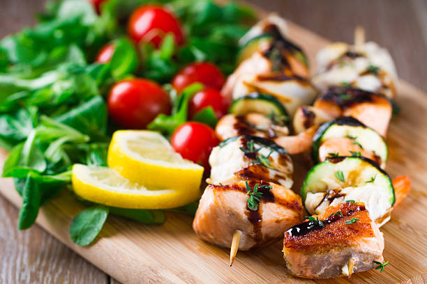 istock Fish skewers with salad 472183157