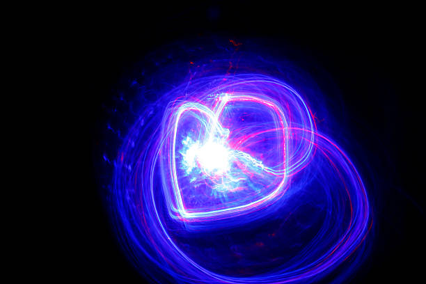 istock Luminous paths of a moving blue purple light ball 472184183