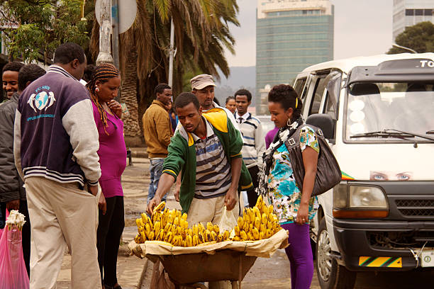 Addis Ababa,Ethiopia-July 28, 2013 : A street seller is selling banana at Ras Mekonen Street in Addis Ababa.