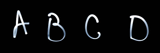 B, C, D, - Pictured by light letters. on black A, B, C, D - Pictured by light letters. on black fire letter b stock pictures, royalty-free photos & images