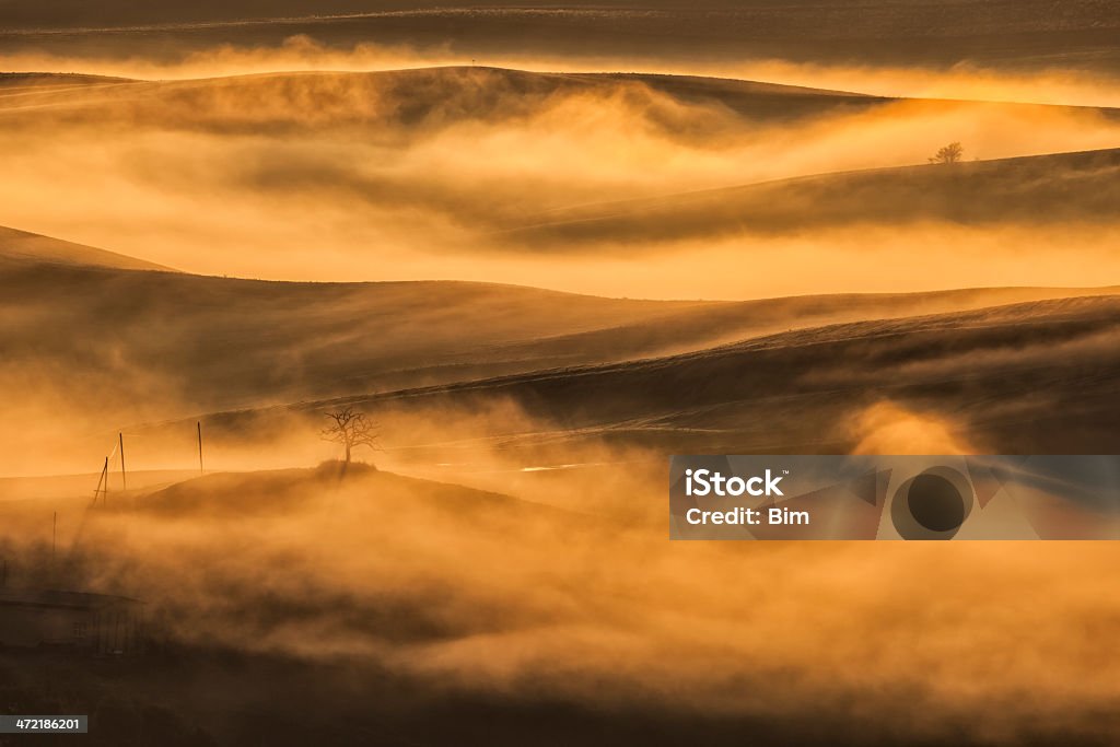 Туманный пейзаж на рассвете, Тоскана, Италия - Стоковые фото Без людей роялти-фри