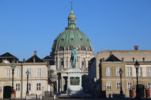 The Marble church (Marmorkirken) and its copper dome seen from Amalienborg castle.