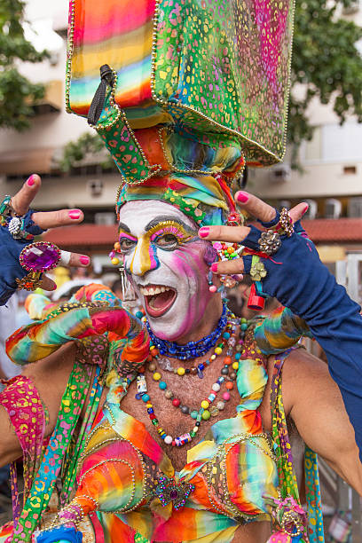 Street Carnival in Rio Rio de Janeiro, Brazil - March 1, 2014: Carmen Miranda Drag queen photographed few minutes before Ipanema Band 50th Parade nudie suit stock pictures, royalty-free photos & images