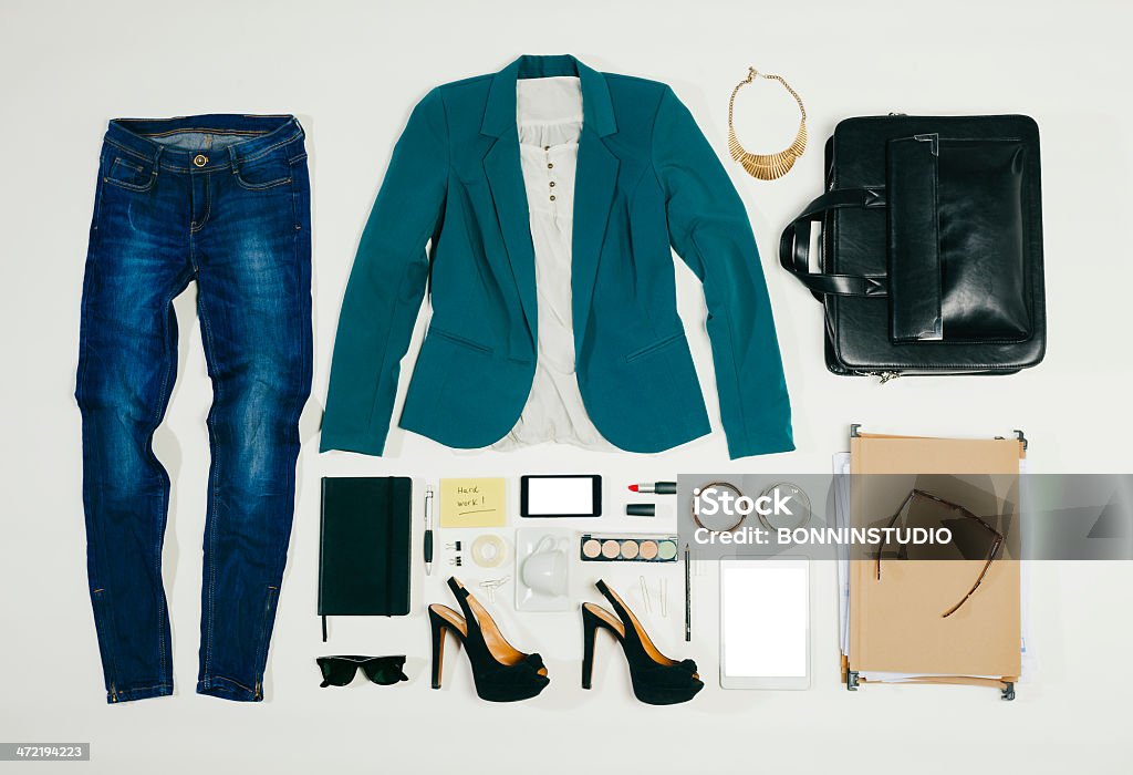 Overhead of essentials business woman. Outfit of clothes and woman accessories. Adult Stock Photo