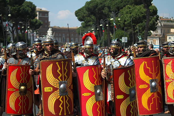 Rome, Italy - April 17, 2011: dressed like ancient Roman soldiers are singing latin songs to recall the great Roman Empire. 