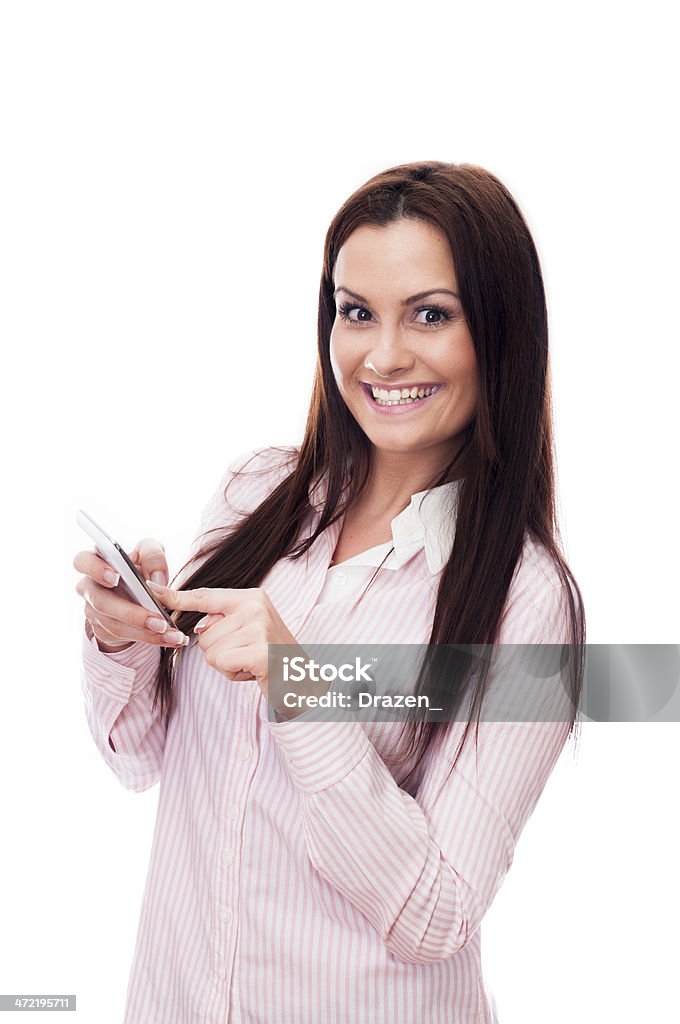 Mujer de negocios joven sonriente atractivo en camisa con teléfono celular - Foto de stock de Adulto libre de derechos