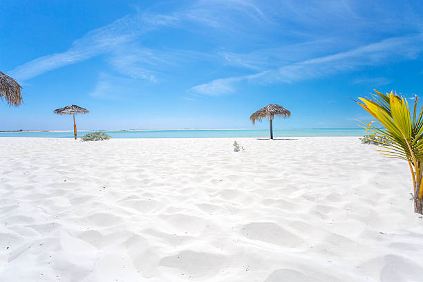 Beach Umbrella made of palm leafs on the background of an exotic beach in Cayo Largo