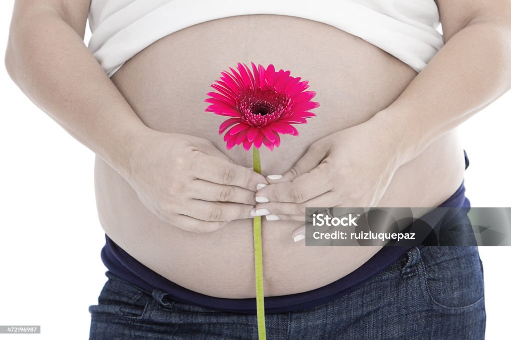 Connecting with my baby Unrecognizable pregnant woman with gerbera Adult Stock Photo