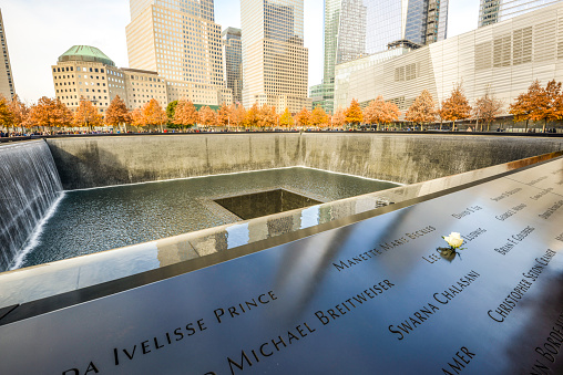 New York, United States - November 15, 2013: The 9/11 Memorial at Ground Zero on Lower Manhattan, New York, USA. (World Trade Center memorial in New York City)