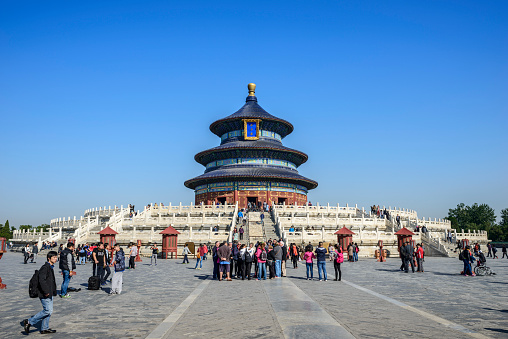 Beijing, China - October 14, 2014: The Qinian Hall. People are visiting,. Located in The Temple of Heaven, Beijing, China.