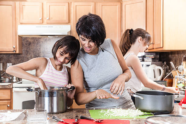 istock Family, mother with two daughters, cook meatballs 472201033