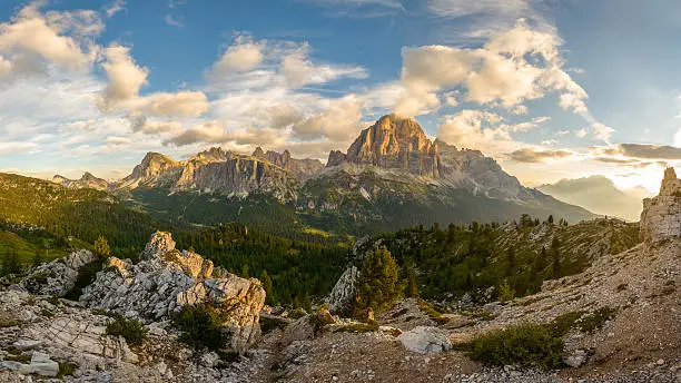 Tofane is a mountain group in the Dolomites, west of Cortina d'Ampezzo, in the province of Belluno, Veneto, Italy at sunrise.