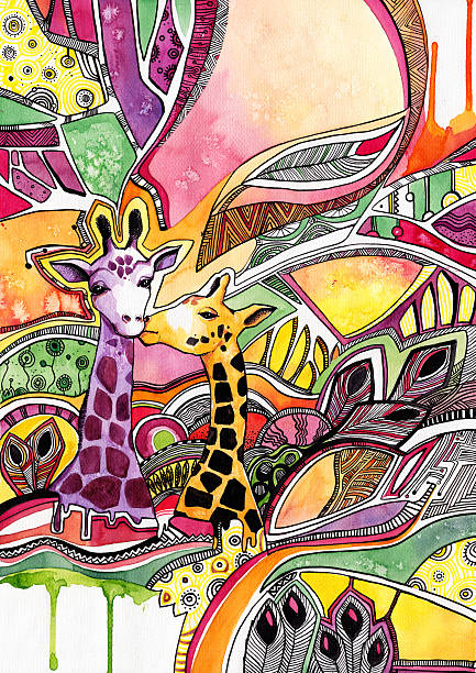 illustrazioni stock, clip art, cartoni animati e icone di tendenza di disegno ad acquerello giraffe in amore su sfondo astratto - couple abstract multi colored new