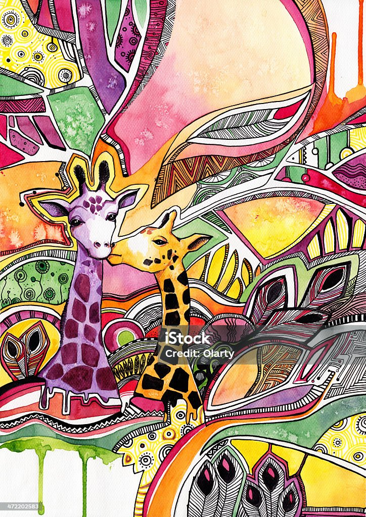 Drawing watercolor giraffes in love on abstract background Backgrounds stock illustration