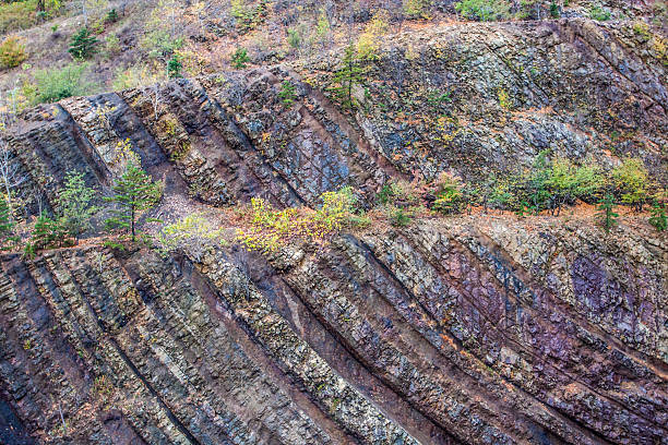 Syncline Detail closeup of the syncline strata at Sideling Hill, western Maryland syncline stock pictures, royalty-free photos & images