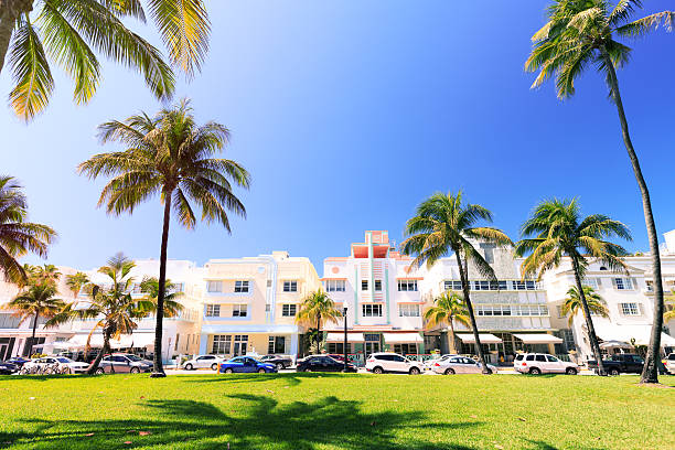 Miami Beach, Ocean Drive Art Deco buildings and palm trees on Ocean Drive in Miami Beach south beach photos stock pictures, royalty-free photos & images