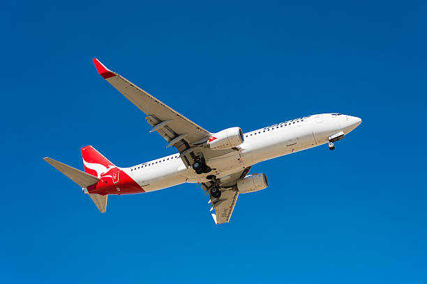 Hobart, Australia- Mar 13 2014: Image of a Qantas passenger airliner landing at Hobart Airport