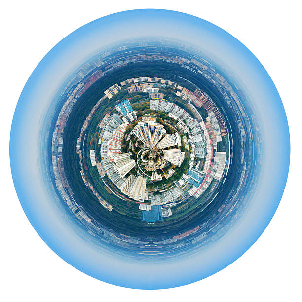 little planet - urban spherical panorama of Moscow residential district under blue sky isolated on white background