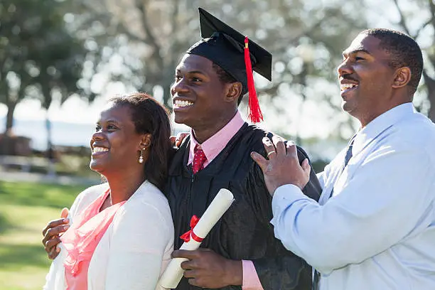 Photo of African American graduate with proud parents