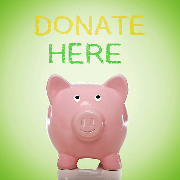istock Piggy bank with donate here text 472206543
